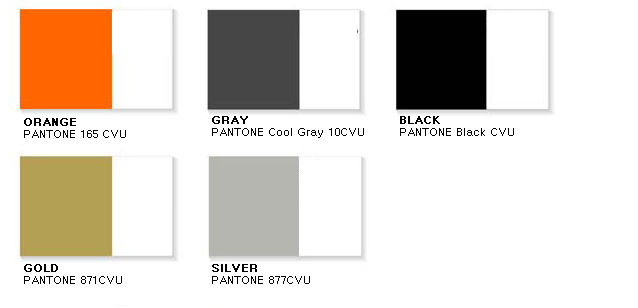 보조색-별색 Sub Color-Spot Color Uncoated - ORANGE(PANTONE 165 CVU), GRAY(PANTONE Cool Gray 10CVU), BLACK(PANTONE Black CVU), GOLD(PANTONE 871CVU), SILVER(PANTONE 877CVU)