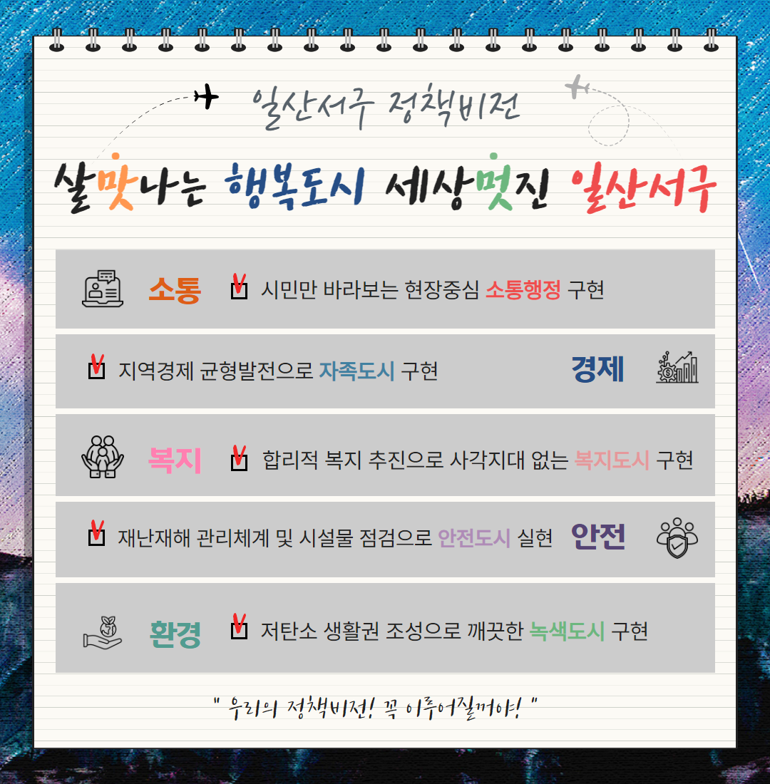 일산서구 정책비전 쾌적한 환경, 정주하고싶은 도시 일산서구 민생경제 안정도시 노후안심도시 생활안전도시 탄소중립 깨끗한 녹색도시 조성 시민만 바라보는 현장중심의 소통행정 시민의 여가생활 품격향상