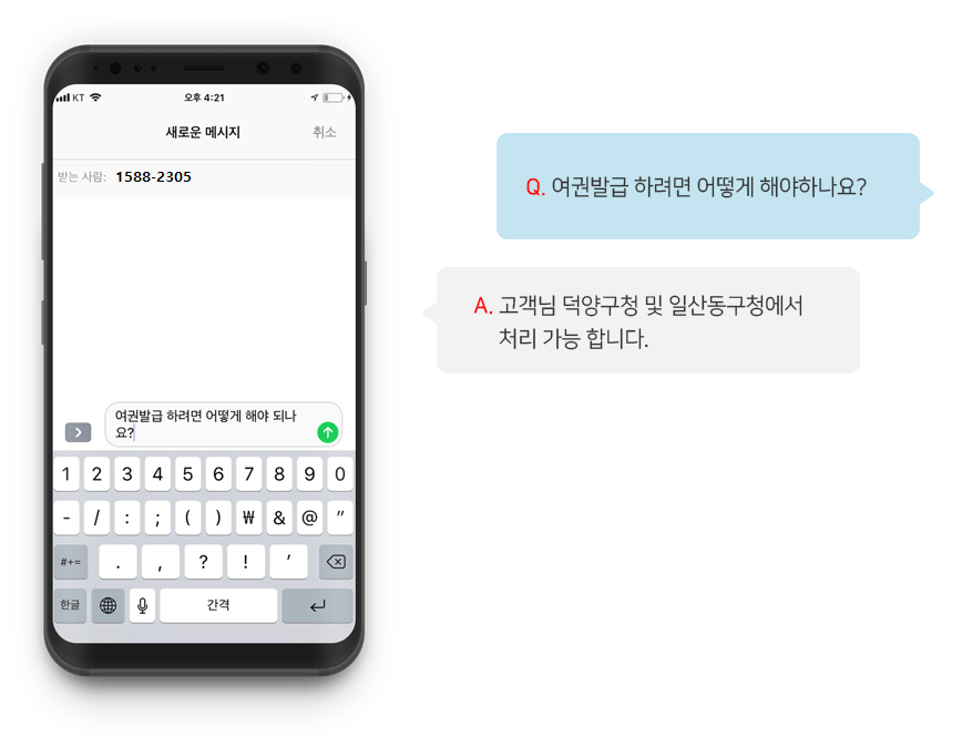 고양시 콜센터에서는 차량, 상수도, 지방세, 각종 행사 등을 휴대폰을 통해 상담을 받으실 수 있습니다. 예를 들어 여권발급관련 상담을 원하시면 휴대폰에 '여권발급 하려면 어떻게 해야 되나요?'라고 입력하시면 상담사가 '고객님 덕양구청 및 일산동구청에서 처리 가능 합니다.'라고 고객님의 궁금증을 답변 해 드립니다.