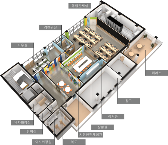 시민안전센터 구조도 통합관제실 경찰관실 사무실 테라스 창고 락커룸