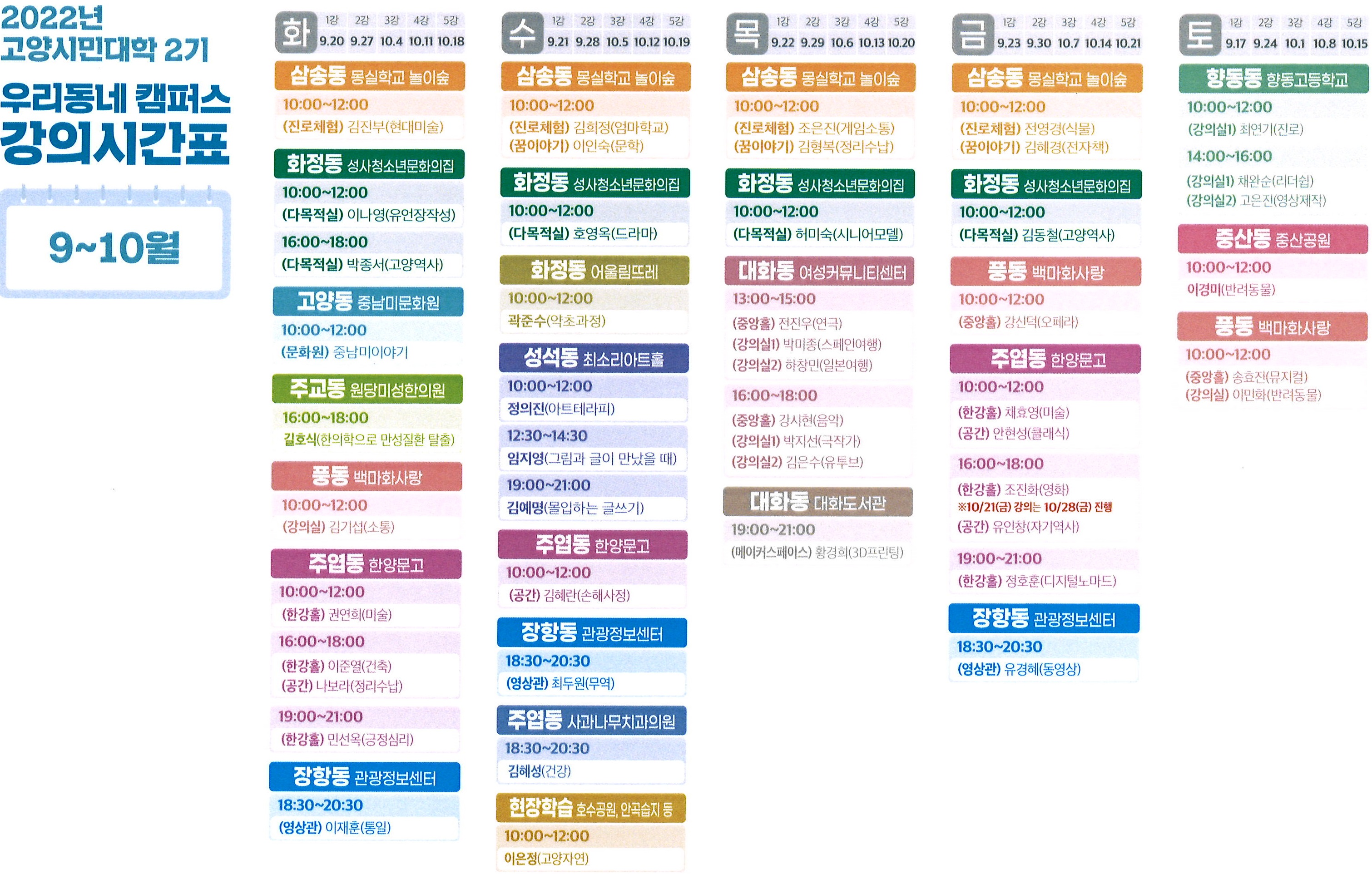 2022 고양시민대학 강좌시간표