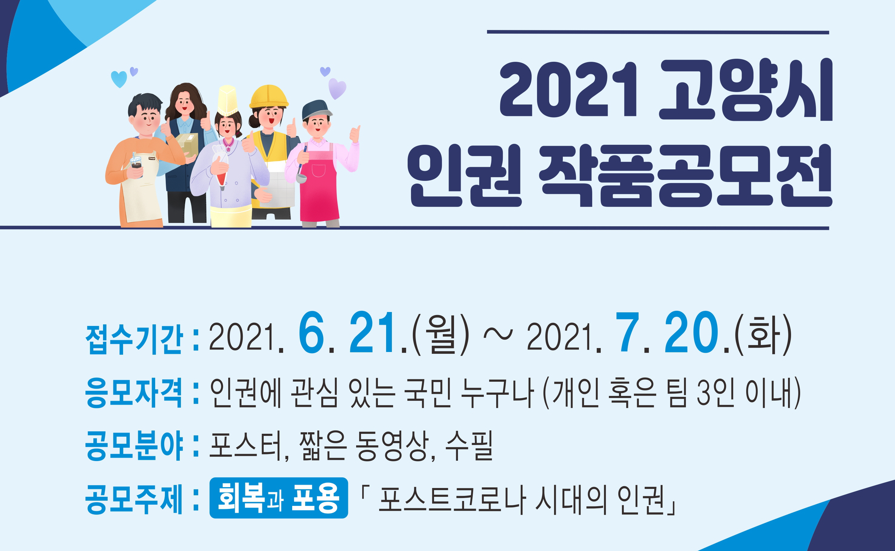 2021 고양시 인권 작품공모정. 접수기간 : 2021.6.21(월)~2021.7.20(화). 응모자격 : 인권에 관심 있는 국민 누구나(개인 혹은 팀 3인 이내). 공모분야 : 포스터, 짧은 동영상, 수필. 공모주제 : [회복과 포용] 포스트코로나 시대의 인권