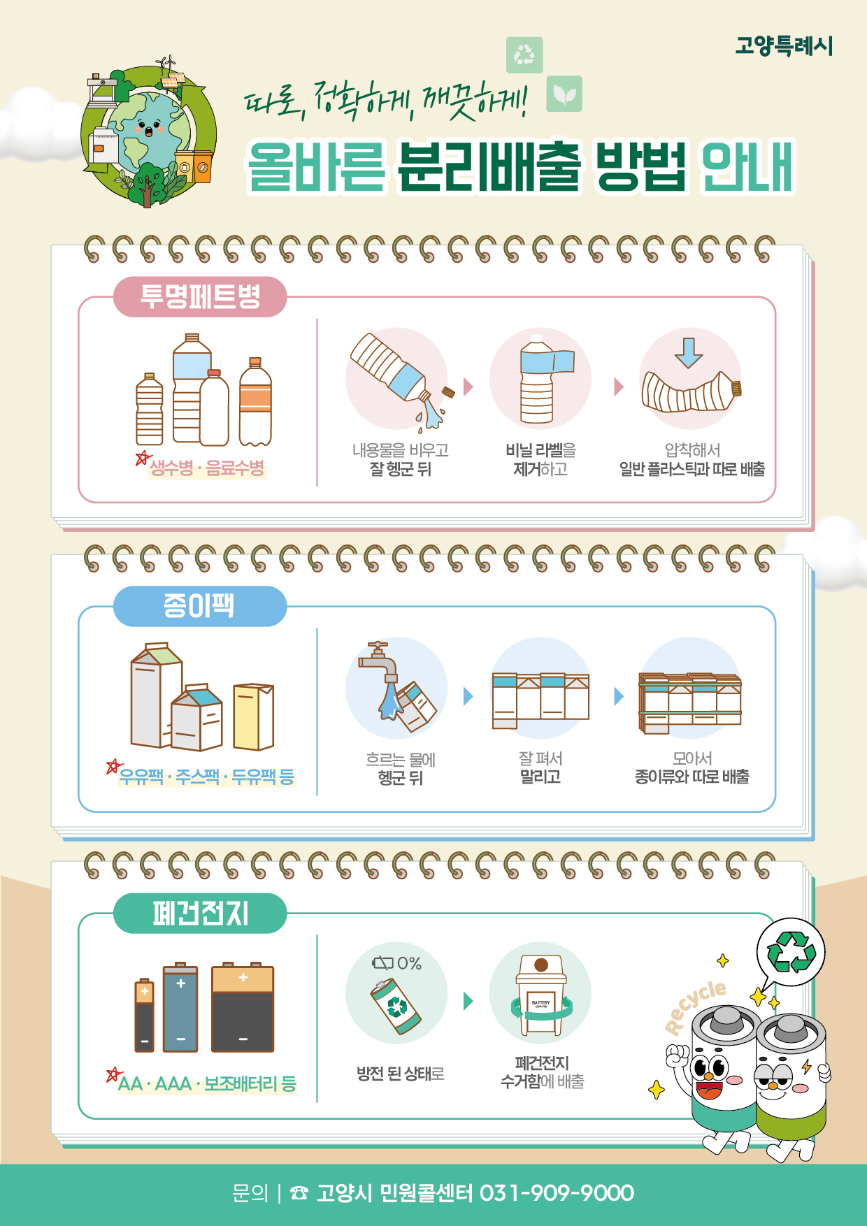따로, 정확하게, 깨끗하게! 올바른 분리배출 방법 안내
			| 투명페트병: ※ 생수병 · 음료수병 1.내용물을 비우고 잘 헹군 뒤 2.비닐 라벨을 제거하고 3.압착해서 일반 플라스틱과 따로 배출
			| 종이팩: ※ 우유팩 · 주스팩 · 두유팩 등 1.흐르는 물에 헹군 뒤 2.잘 펴서 말리고 3.모아서 종이류와 따로 배출
			| 폐건전지: ※ AA · AAA · 보조배터리 등 1.방전 된 상태로 2.폐건전지 수거함에 배출
			| 문의: 고양시 민원콜센터 ☎ 031-909-9000