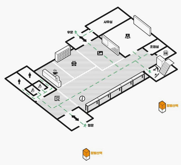 1st floor plan: If you enter the main gate, there is a tour guide on the right, and from the left, there is a toilet goya cafe, gift shop, tour gallery, office, video hall, control room, elevator, and emergency stairs.