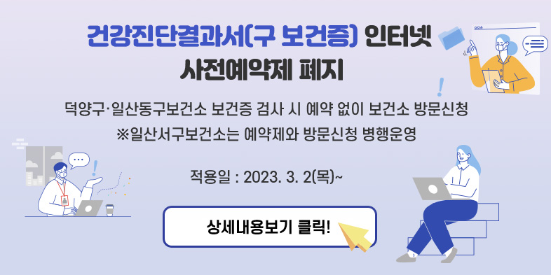 [건강진단결과서(구 보건증) 인터넷 사전예약제 폐지]

덕양구·일산동구보건소 보건증 검사 시
예약 없이 보건소 방문신청
※일산서구보건소는 예약제와 방문신청 병행운영

적용일 : 2023. 3. 2(목)~
상세내용보기 클릭>>
