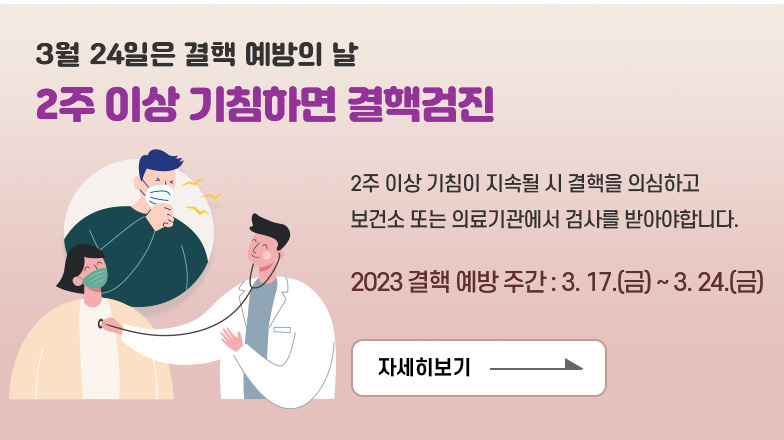 3월 24일은 결핵 예방의 날
2주 이상 기침하면 결핵검진
2주 이상 기침이 지속될 시 결핵을 의심하고 보건소 또는 의료기관에서 검사를 받아야합니다.
2023 결핵 예방 주간 : 3. 17.(금) ~ 3. 24.(금)
자세히보기 >