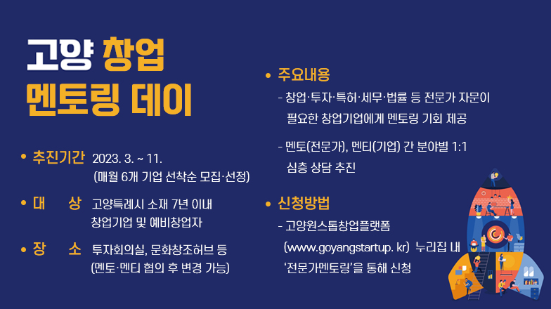 - 고양 창업 멘토링 데이 -
--------------------
❍ 추진기간 : 2023. 3. ~ 11.
   (매월 6개 기업 선착순 모집·선정)
❍ 대    상 : 고양특례시 소재 7년 이내                창업기업 및 예비창업자
❍ 장    소 : 투자회의실, 문화창조허브 등
                (멘토·멘티 협의 후 변경 가능) 
❍ 주요내용
- 창업·투자·특허·세무·법률 등 전문가 자문이 필요한 창업기업에게 멘토링 기회 제공 
- 멘토(전문가), 멘티(기업) 간 분야별 1:1 심층
  상담 추진
❍ 신청방법
- 고양원스톱창업플랫폼(www.goyangstartup.kr)
  누리집 내‘전문가멘토링’을 통해 신청