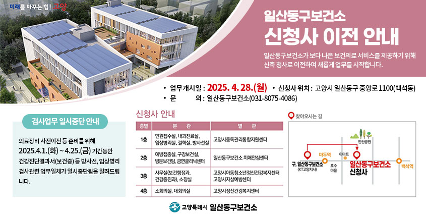일산동구보건소 
신청사 이전 안내

일산동구보건소가 보다 나은 보건의료 서비스를 제공하기 위해 신축 청사로 이전하여 새롭게 업무를 시작합니다.

○ 업무개시일: 2025. 4. 28.(월)
○ 신청사 위치: 고양시 일산동구 중앙로 1100(백석동)
○ 문의: 일산동구보건소(031-8075-4086)

* 검사업무 일시중단 안내
의료장비 사전이전 등 준비를 위해 2025.4.1.(화) ~ 4.25.(금) 기간동안 건강진단결과서(보건증) 등 방사선, 임상병리 검사관련 업무일체가 일시중단됨을 알려드립니다.


신청사 안내(사진)                찾아오시는 길(사진)

고양특례시 일산동구보건소