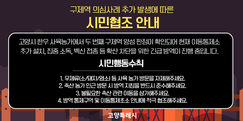 구제역 의심사례 추가 발생에 따른 시민협조 안내

고양시 한우 사육농가에서 두 번째 구제역 양성 판정이 확인되어 현재 이동통제소 추가 설치, 집중 소독, 백신 접종 등 확산 차단을 위한 긴급 방역이 진행 중입니다.

시민행동수칙

1.우제류(소/돼지/염소) 등 사육 농가 방문을 자제해주세요.
2.축산 농가 인근 방문 시 방역 지침을 반드시 준수해주세요.
3.불필요한 축산 관련 이동을 삼가해주세요.
4.방역 통제 구역 및 이동통제소 안내에 적극 협조해주세요.