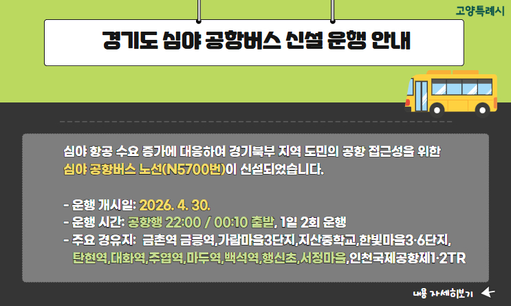 * 경기도 심야 공항버스 신설 운행 안내
❍ 인천국제공항 24시간 운항 확대에 따른 심야 항공 수요 증가에 대응하여 경기북부 
  지역 도민의 공항 접근성 개선 및 교통편의 증진을 위한 심야 공항버스 노선 신설
❍ 운행개시일: 2026. 4. 30. (공항행 첫차 22:00) 