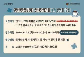 고양관광정보센터 청년창업카페 4기 운영자 모집
모집대상: 만 18~39세 미취업 고양시민 예비창업자
접수기간: 2026. 8. 25. (화) ~ 9. 30.(수) 18:00까지
접수방법: 참가신청서, 사업계획서 등 작성 후 전자우편 제출
문의: 고양관광정보센터(031-8075-3003)