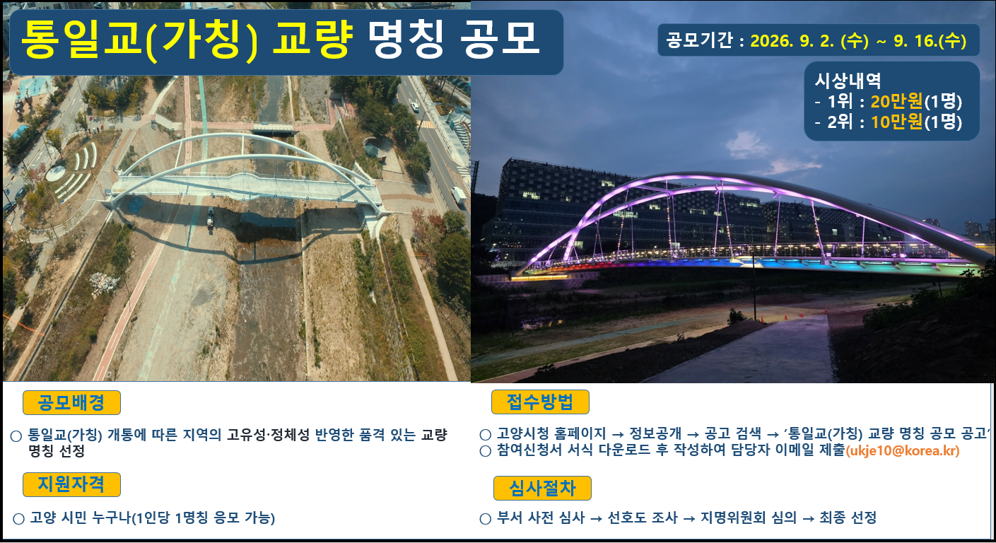 통일교(가칭) 교량 명칭 공모 공고 
접수방법: 고양시청 홈페이지>정보공개>공고검색>통일교 교량 명칭 공모 공고