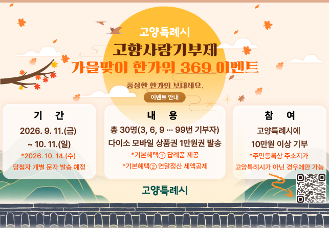 고양특례시 고향사랑기부제,
가을맞이 한가위 369 이벤트
고향사랑e음에서 참여하세요!