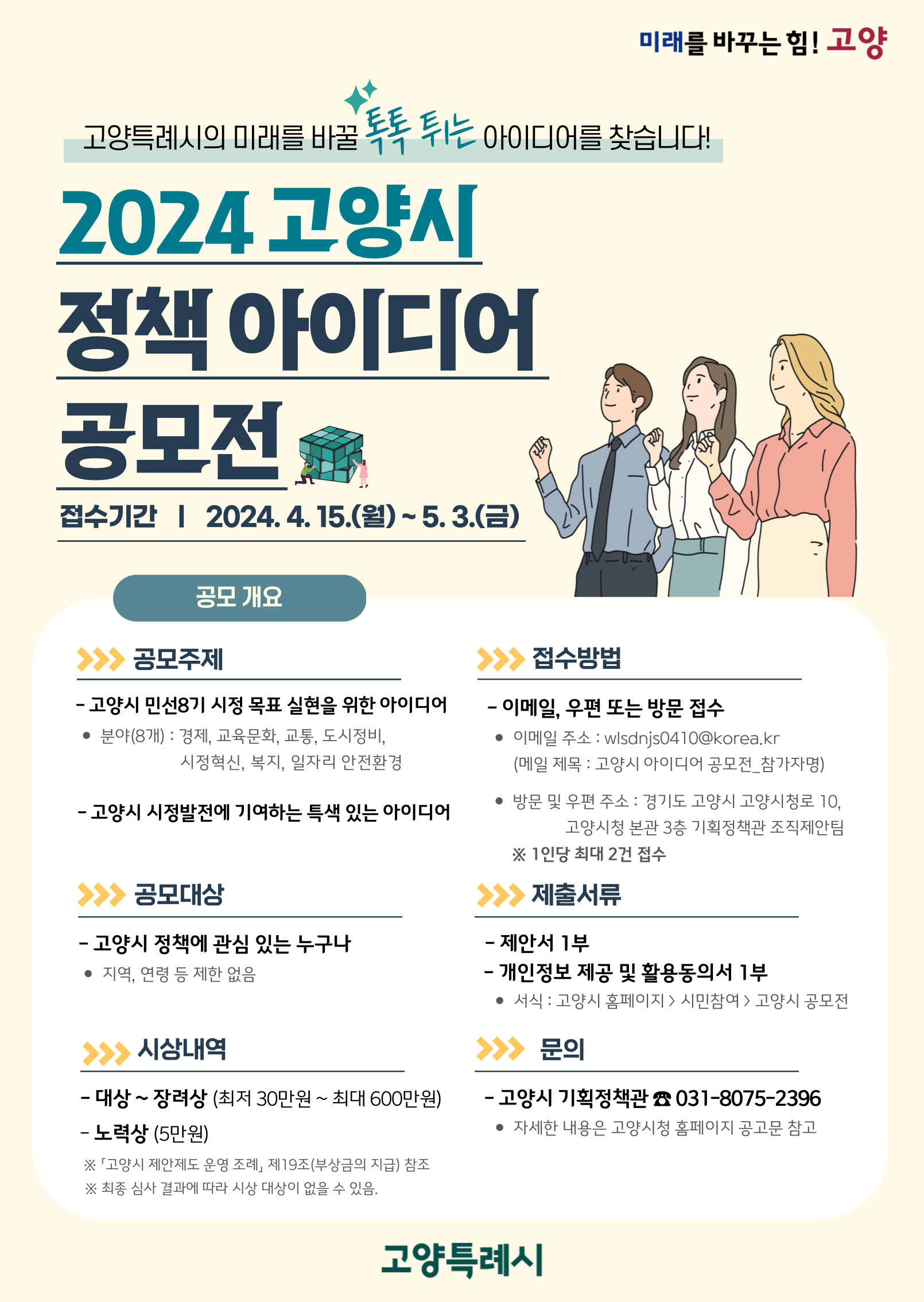미래를 바꾸는 힘!고양 | 고양특례시의 미래를 바꿀 톡톡튀는 아이디어를 찾습니다!|2024 고양시 정책 아이디어 공모전 | 접수기간 2024.4.15(월) ~ 5.3.(금) | 공모개요>>공모주제 : 고양시 민선 8기 시정 목표 실현을 위한 아이디어 (분야8개:경제, 교육문화,교통,도시정비,시정혁신,복지,일자리 안전환경) / 고양시 시정발전에 기여화는 특색있는 아이디어 | 공모대상 : 고양시 정책에 관심있는 누구나 (지역,연령 등 제한 없음) | 시상내역:대상~장려상(최저30만원~최대600만원) / 노력상(5만원) *고양시 제안제도 운영 조례 제19조 (부상금의 지급 참조) * 최종 심사 결과에 따라 시상 대상이 없을 수 있음. | 접수방법 : 이메일, 우편 또는 방문 접수 이메일주소:wlsdnjs0410@korea.kr(메일제목 : 고양시 아이디어 공모전_참가자명) / 방문 및 우편 주소 : 경기도 고양시 고양시청로 10, 고양시청 본관 3층 기회정책관 조직제안팀 *1인당 최대 2건 접수 | 제출서류 : 제안서 1부, 개인정보 제공 및 활용동의서 1부 (서식:고양시홈페이지>시민참여>고양시공모전)|문의:고양시 기획정책관 031-8075-2396 *자세한 내용은 고양시청 홈페이지 공고문 참고 | 고양특례시
